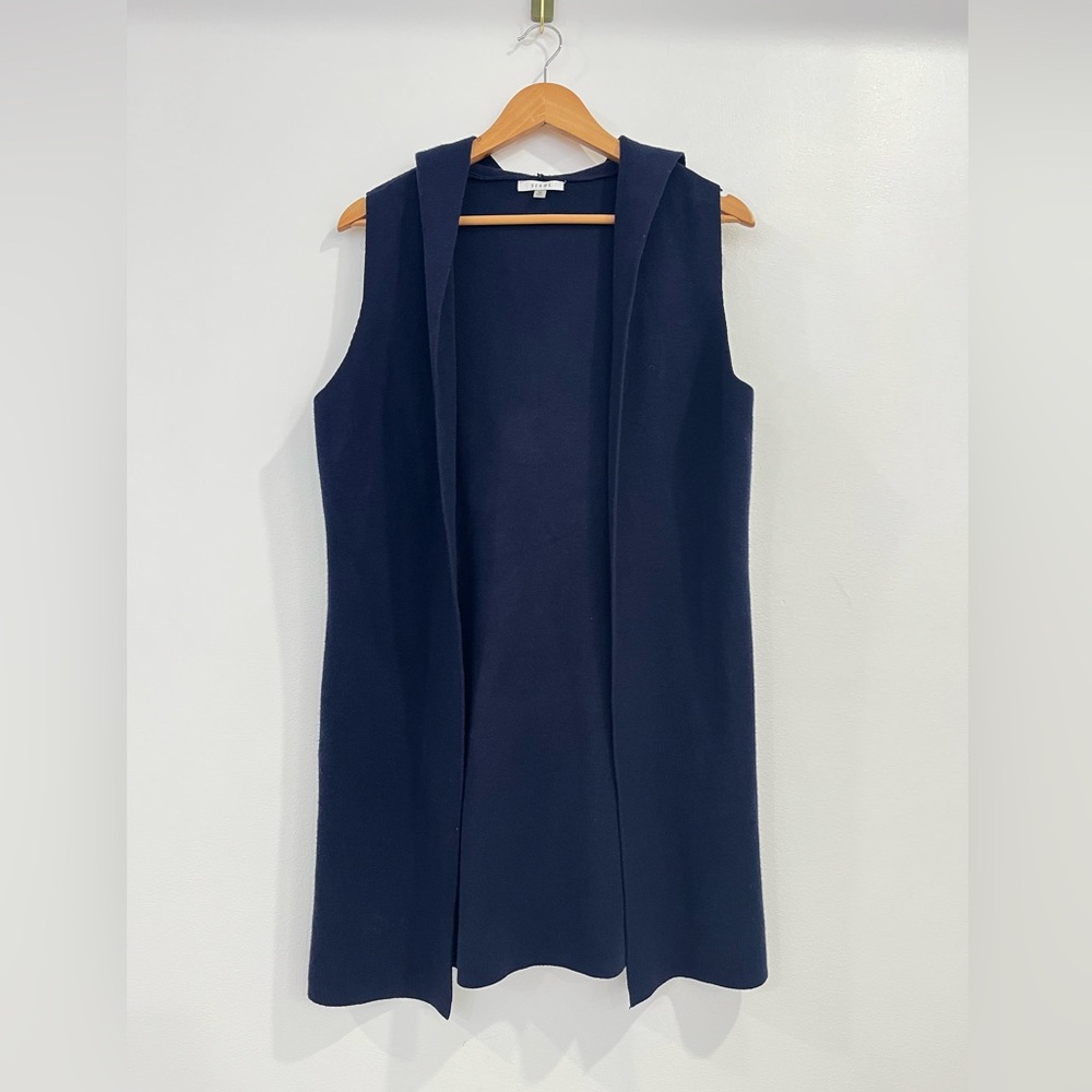 SIONI Long Cardigan Vest Womens M Navy Hooded‎ Sleeveless Soft Layering Piece